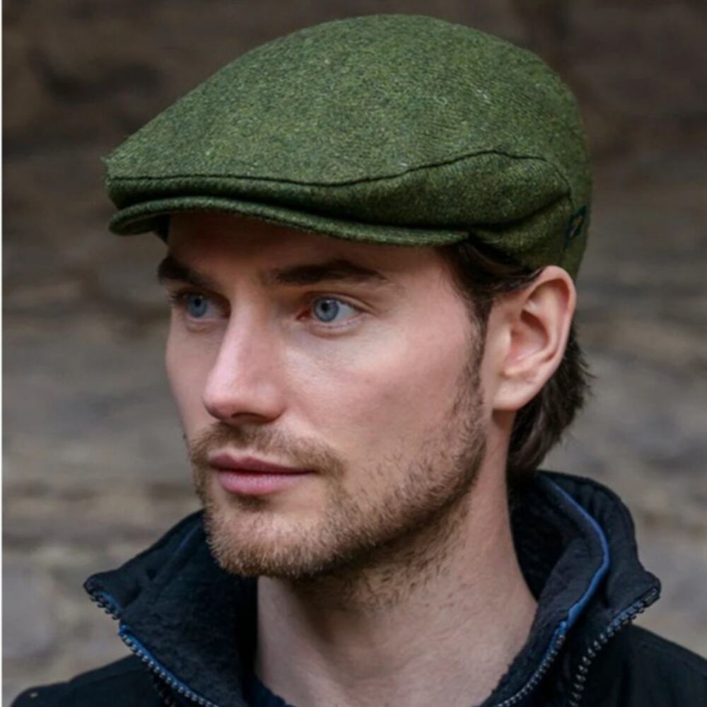 Mucros Men's Green Wool Premium Hand-Woven Flat Trinity Cap Size S
